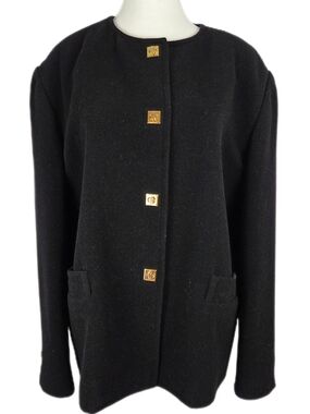 Vintage 90s Georges Rech Unanyme Paris Collarless Wool Blazer Jacket with Gold B